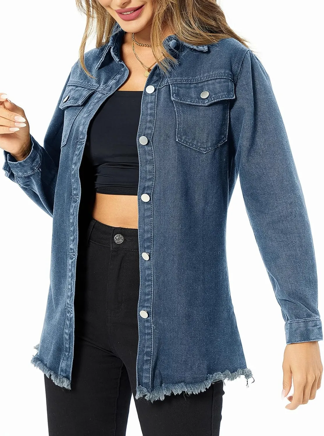 Women's Denim Jacket Casual Long Sleeve Denim Shirts Distressed Jean Jacket 2025 Spring Outfits