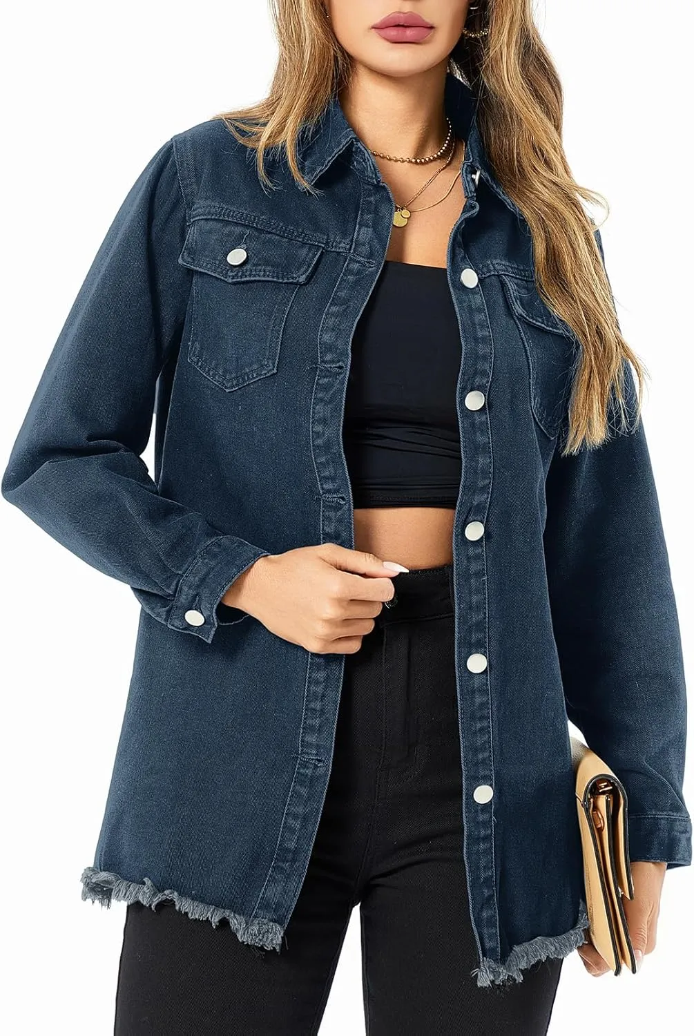 Women's Denim Jacket Casual Long Sleeve Denim Shirts Distressed Jean Jacket 2025 Spring Outfits