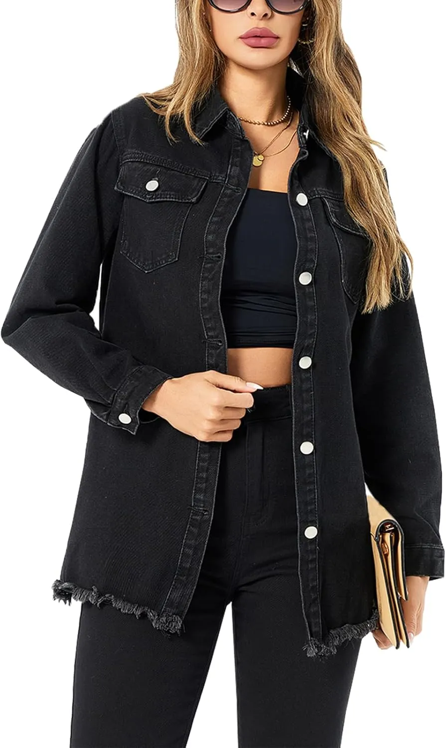Women's Denim Jacket Casual Long Sleeve Denim Shirts Distressed Jean Jacket 2025 Spring Outfits