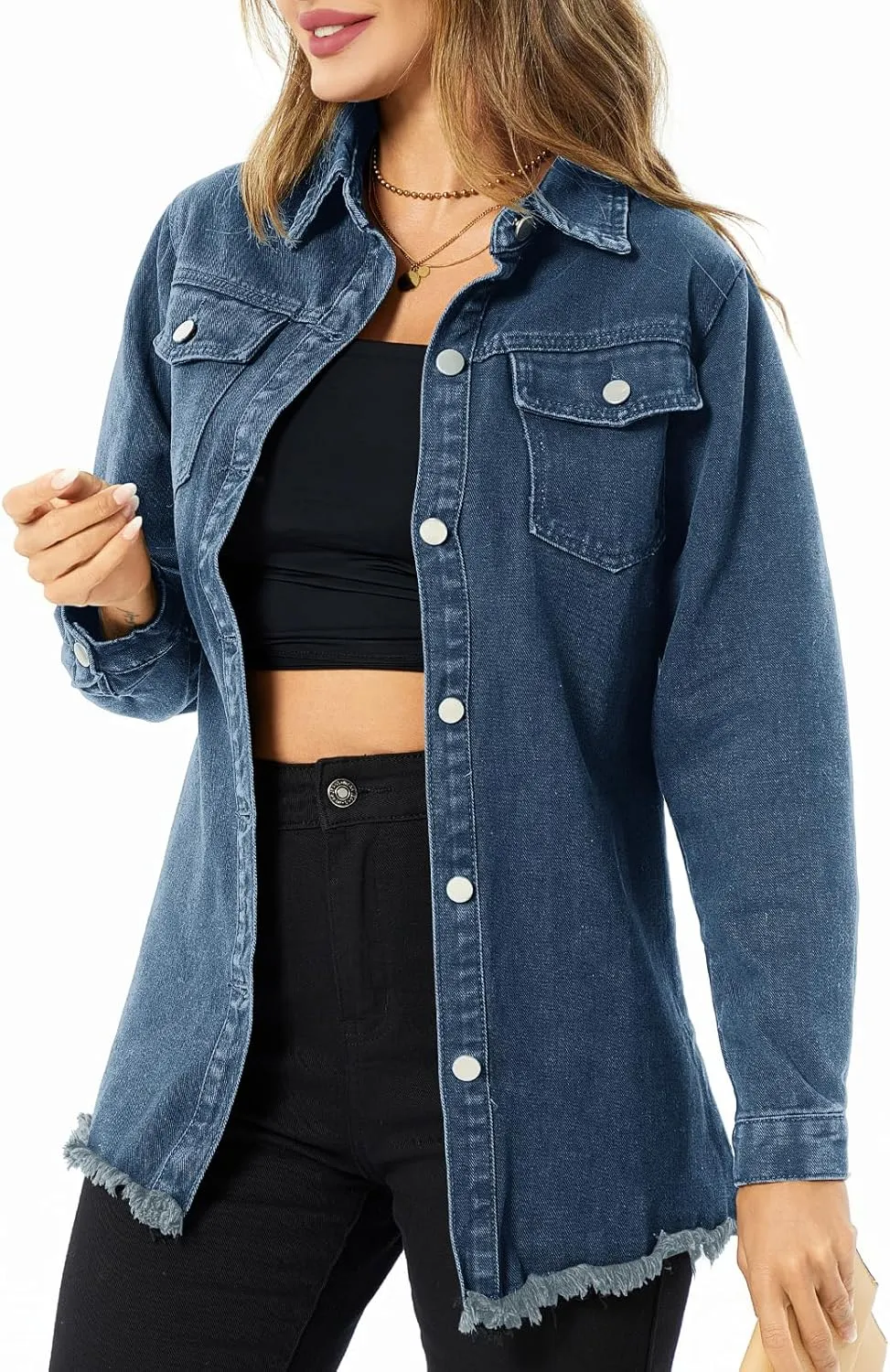 Women's Denim Jacket Casual Long Sleeve Denim Shirts Distressed Jean Jacket 2025 Spring Outfits