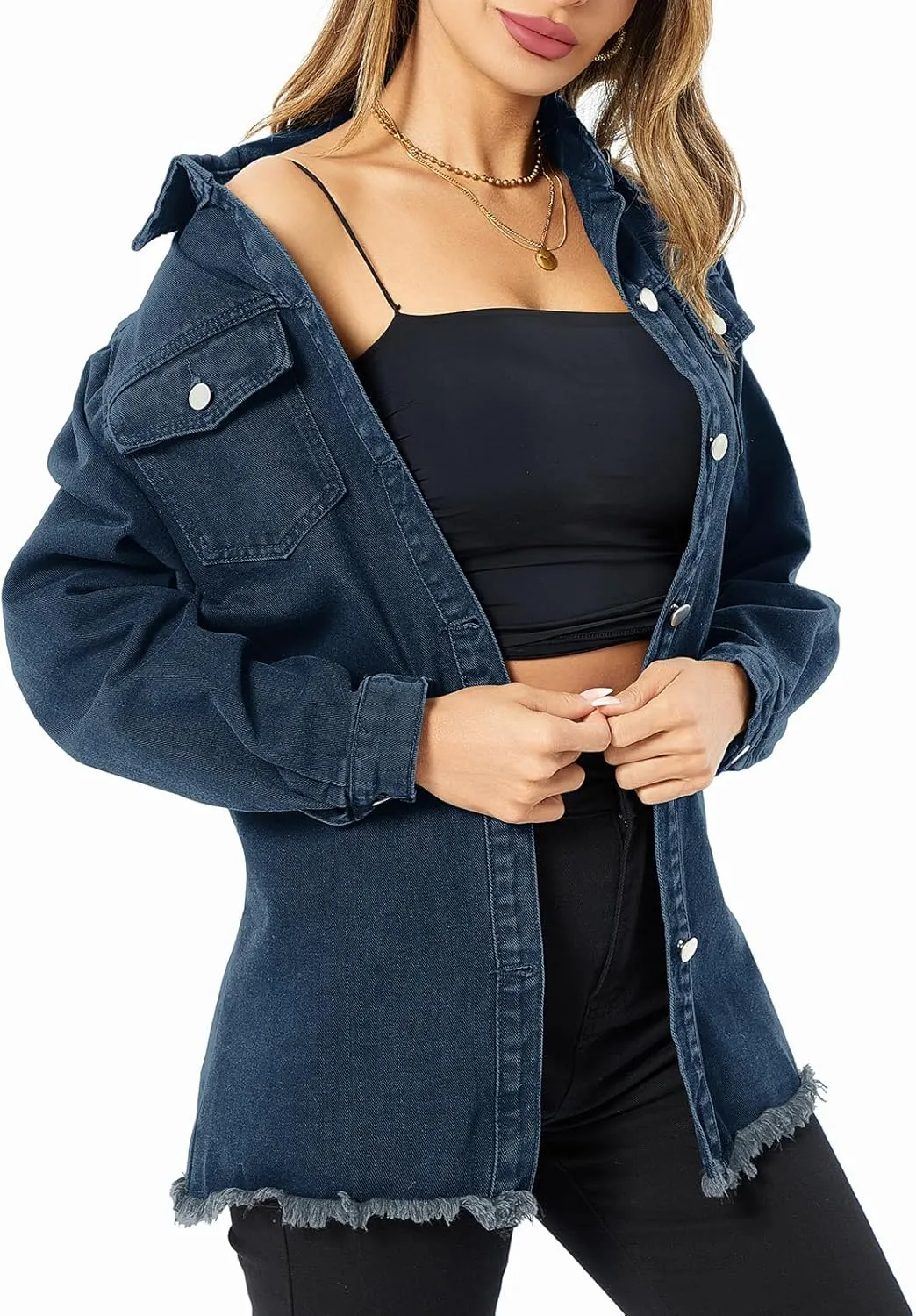 Women's Denim Jacket Casual Long Sleeve Denim Shirts Distressed Jean Jacket 2025 Spring Outfits