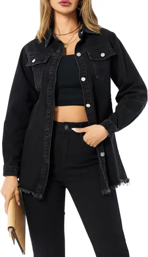 Women's Denim Jacket Casual Long Sleeve Denim Shirts Distressed Jean Jacket 2025 Spring Outfits