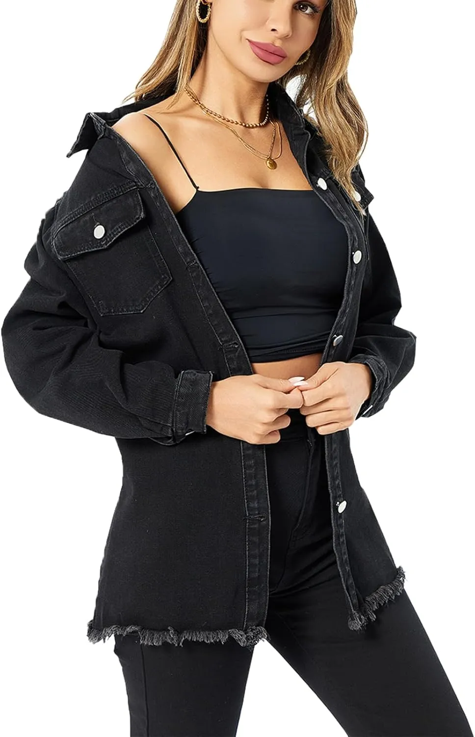 Women's Denim Jacket Casual Long Sleeve Denim Shirts Distressed Jean Jacket 2025 Spring Outfits
