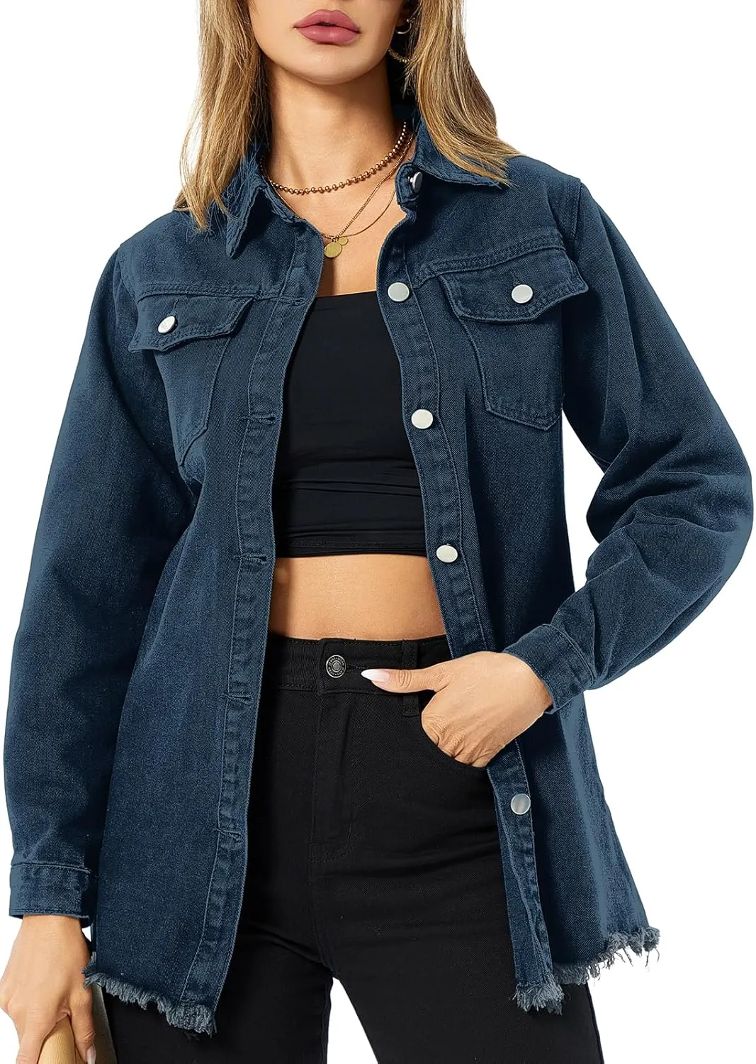 Women's Denim Jacket Casual Long Sleeve Denim Shirts Distressed Jean Jacket 2025 Spring Outfits