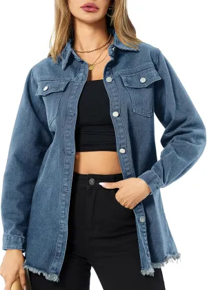 Women's Denim Jacket Casual Long Sleeve Denim Shirts Distressed Jean Jacket 2025 Spring Outfits