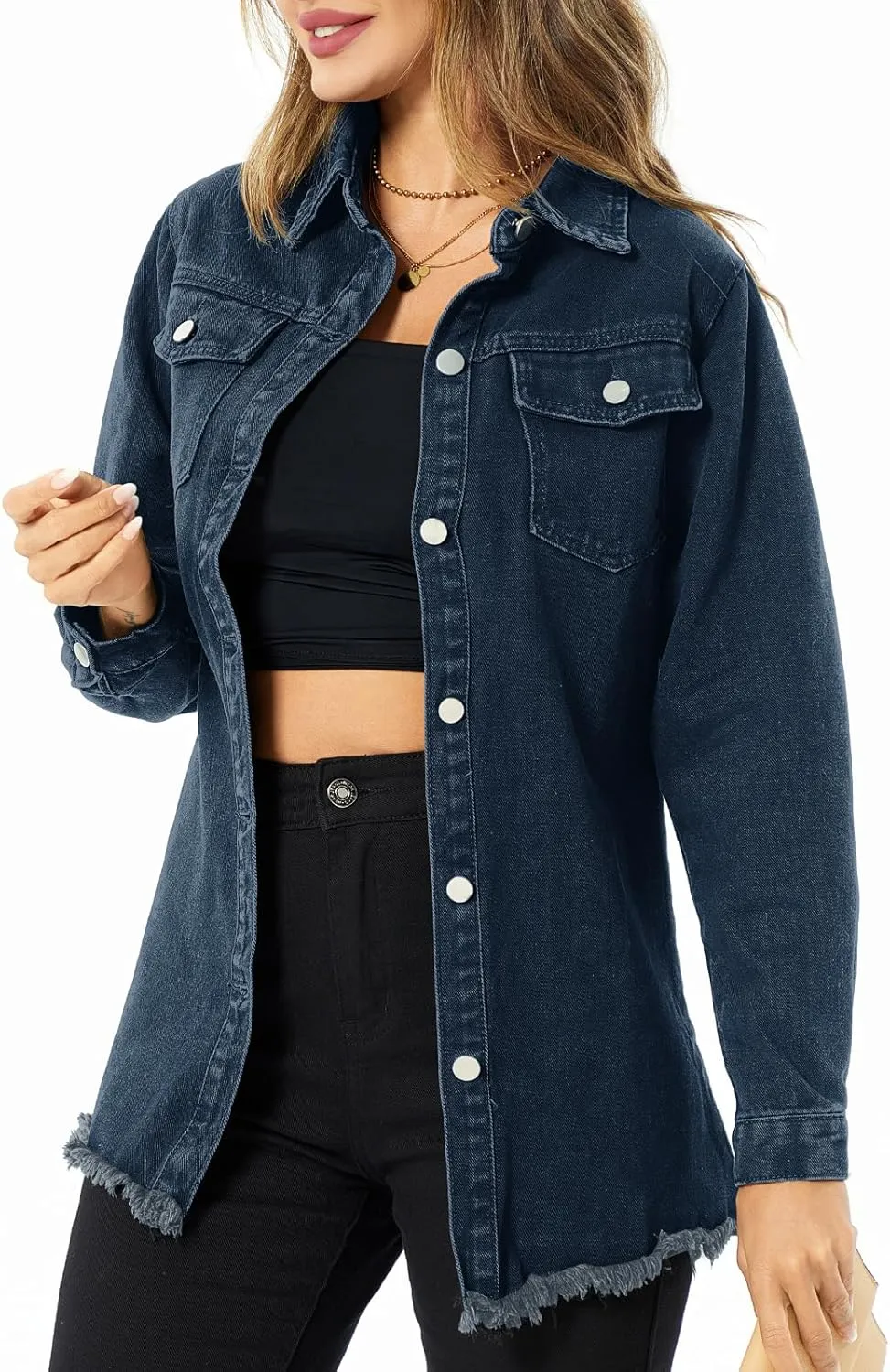 Women's Denim Jacket Casual Long Sleeve Denim Shirts Distressed Jean Jacket 2025 Spring Outfits