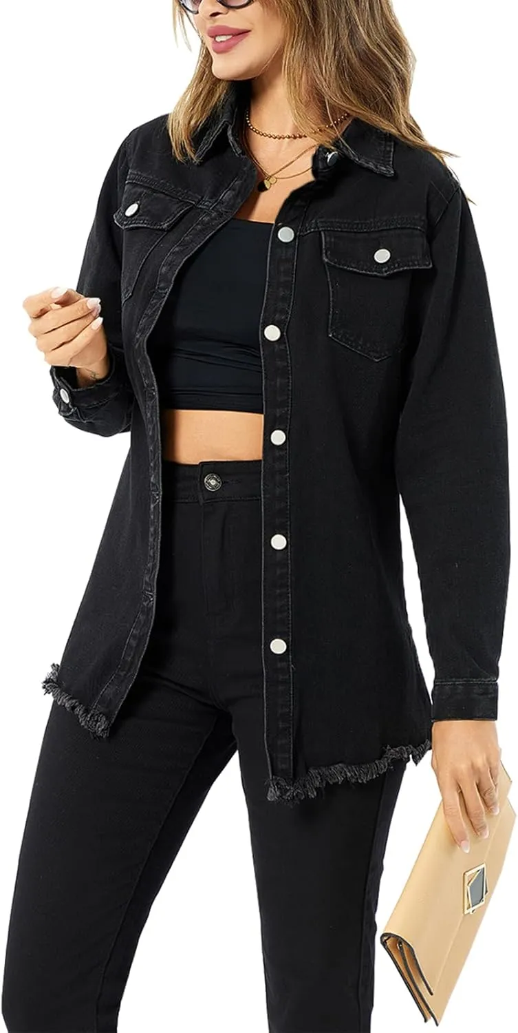 Women's Denim Jacket Casual Long Sleeve Denim Shirts Distressed Jean Jacket 2025 Spring Outfits