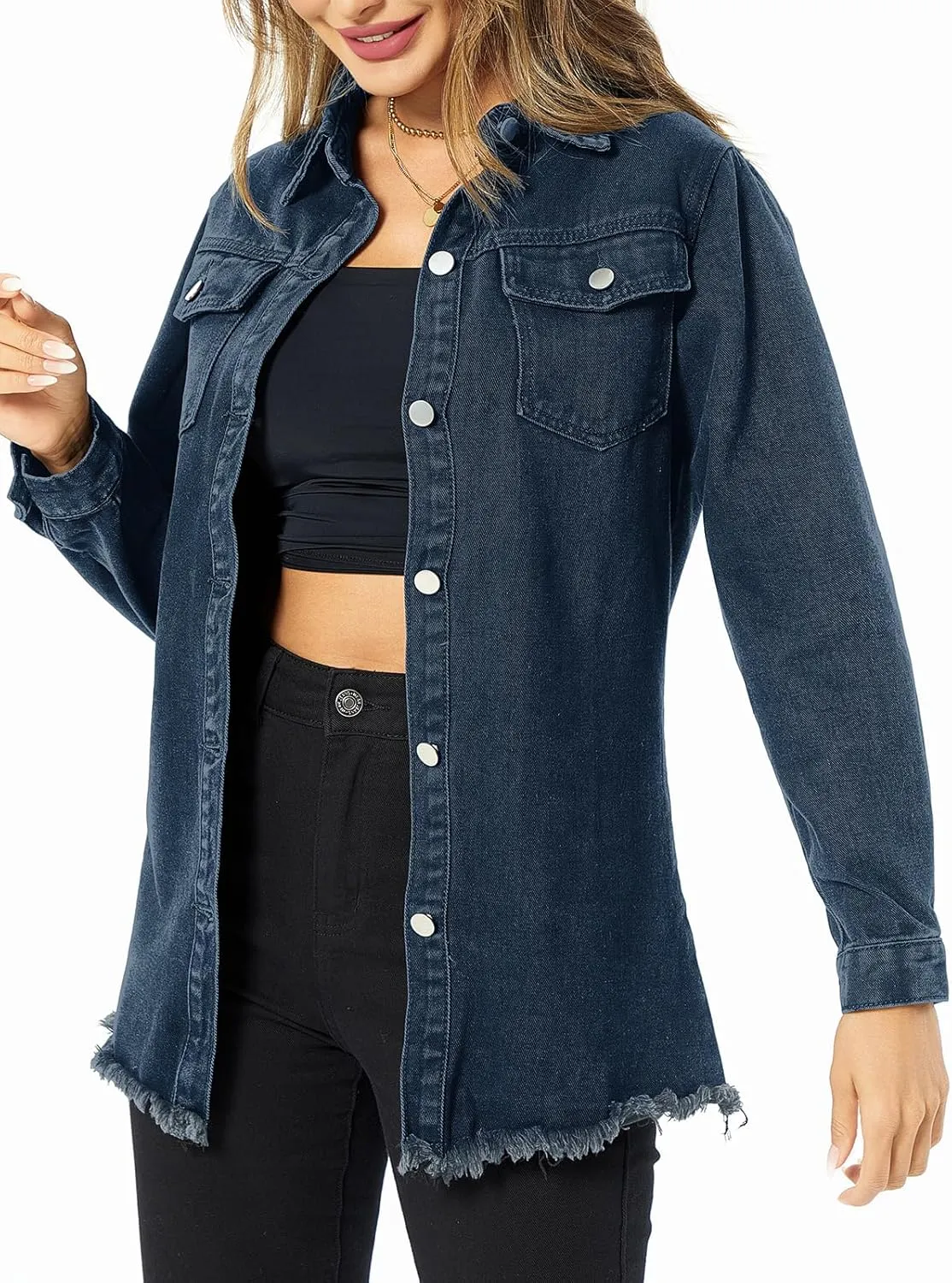 Women's Denim Jacket Casual Long Sleeve Denim Shirts Distressed Jean Jacket 2025 Spring Outfits