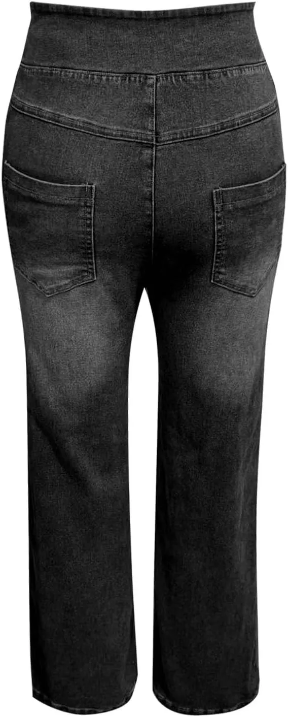 Womens Denim Pants High Waisted Stretchy Pull On Wide Leg Denim Pants with Pocket Casual Walk Outing Elegant Trousers