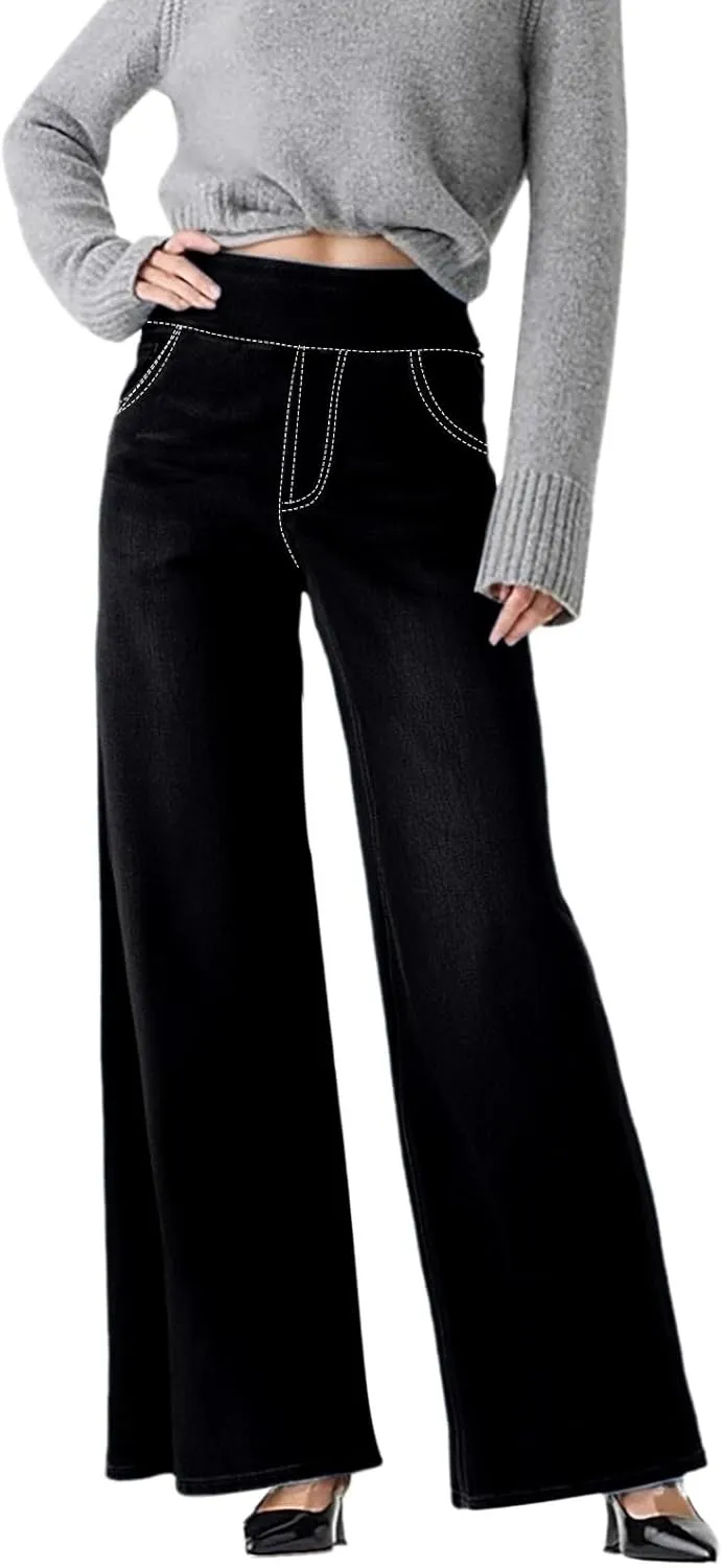 Womens Denim Pants High Waisted Stretchy Pull On Wide Leg Denim Pants with Pocket Casual Walk Outing Elegant Trousers