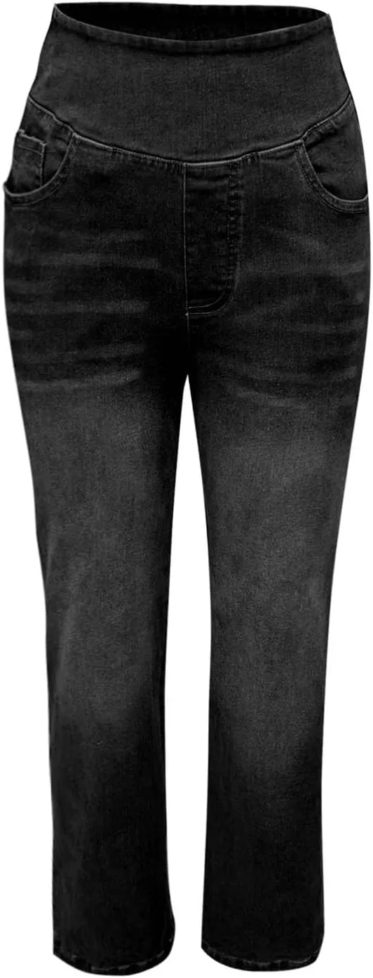 Womens Denim Pants High Waisted Stretchy Pull On Wide Leg Denim Pants with Pocket Casual Walk Outing Elegant Trousers