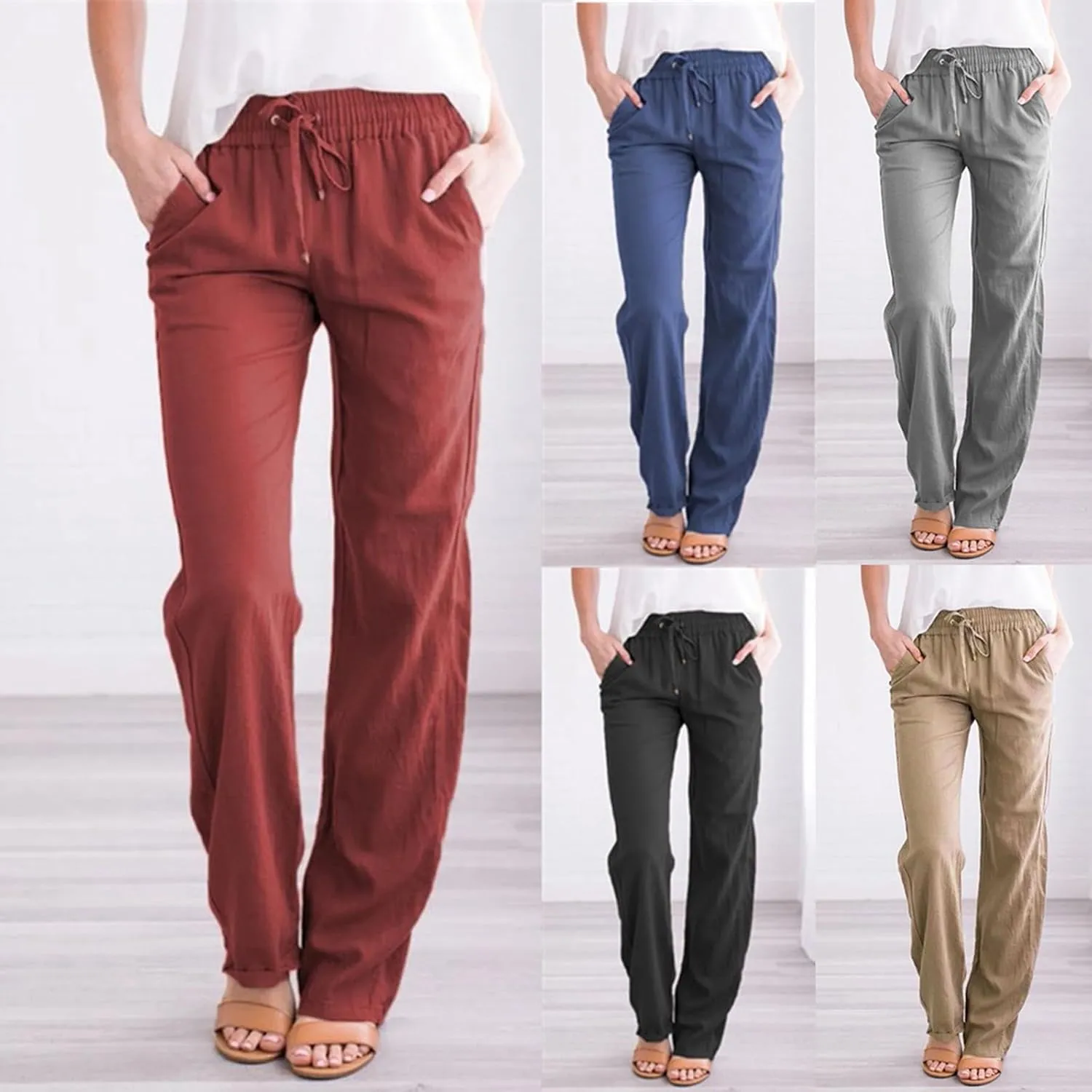 Womens Drawstring Elastic Waist Pants Linen Cotton Casual Trousers 2024 Summer Straight Leg Baggy Solid Pants with Pockets