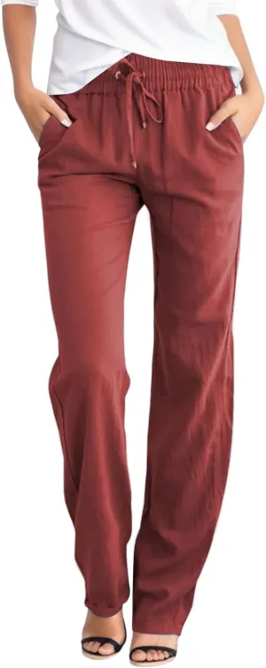 Womens Drawstring Elastic Waist Pants Linen Cotton Casual Trousers 2024 Summer Straight Leg Baggy Solid Pants with Pockets