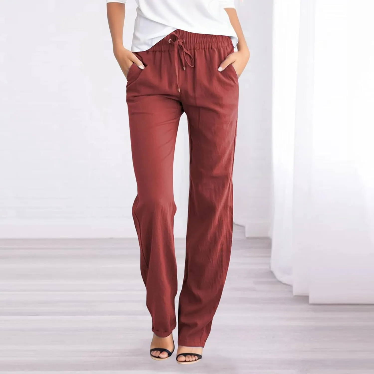 Womens Drawstring Elastic Waist Pants Linen Cotton Casual Trousers 2024 Summer Straight Leg Baggy Solid Pants with Pockets