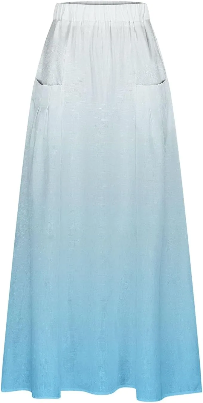 Women's Elastic High Waist Skirts Plus Size Tie-dye Gradient Color Block A-Line Pleated Long Maxi Skirts with Pocket