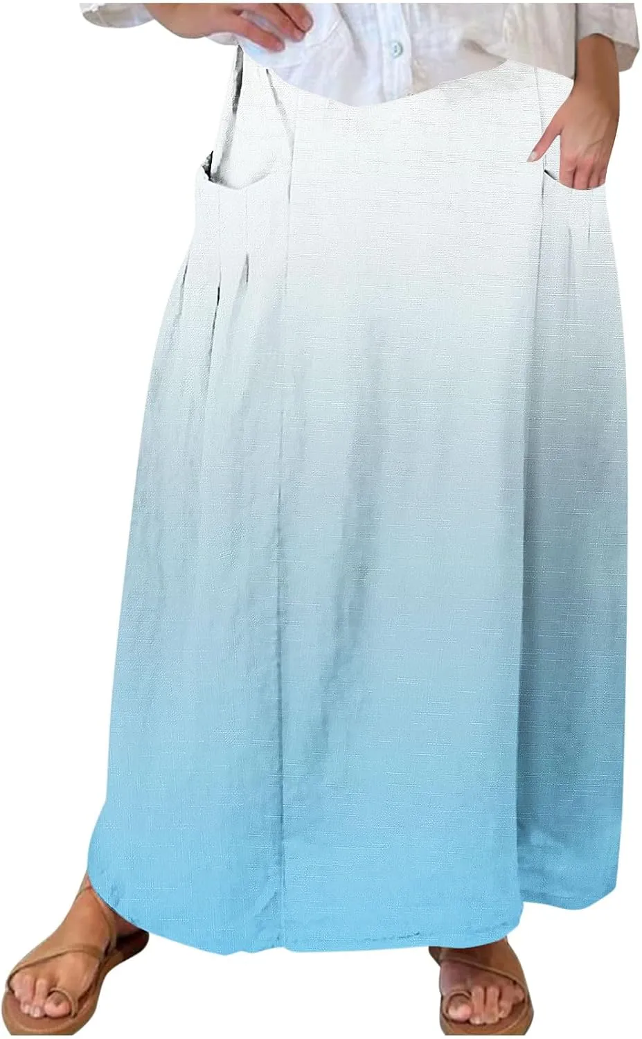 Women's Elastic High Waist Skirts Plus Size Tie-dye Gradient Color Block A-Line Pleated Long Maxi Skirts with Pocket
