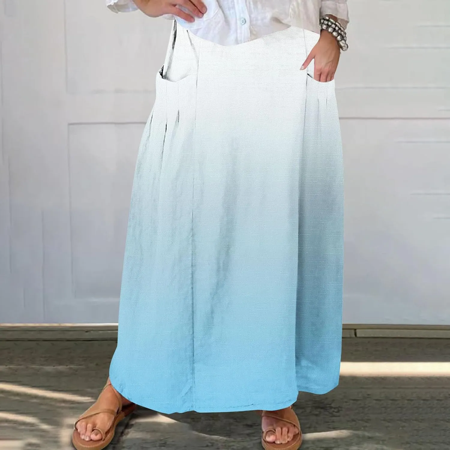 Women's Elastic High Waist Skirts Plus Size Tie-dye Gradient Color Block A-Line Pleated Long Maxi Skirts with Pocket