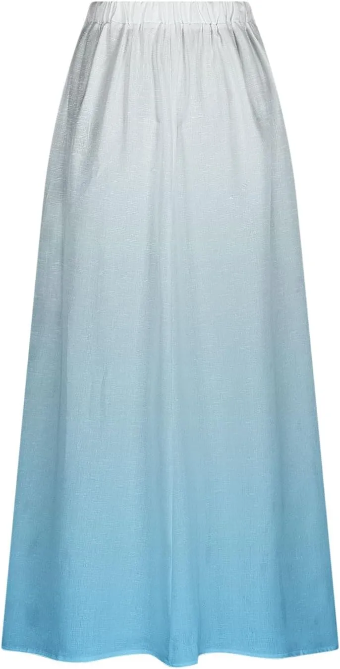 Women's Elastic High Waist Skirts Plus Size Tie-dye Gradient Color Block A-Line Pleated Long Maxi Skirts with Pocket