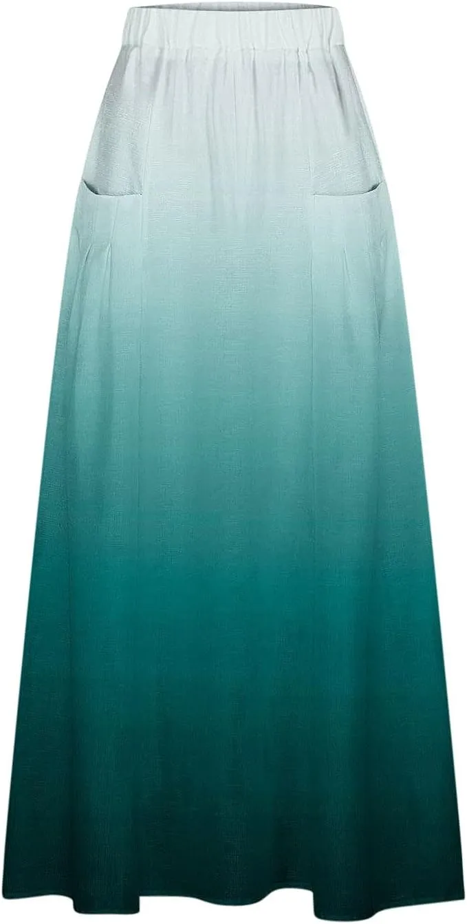 Women's Elastic High Waist Skirts Plus Size Tie-dye Gradient Color Block A-Line Pleated Long Maxi Skirts with Pocket
