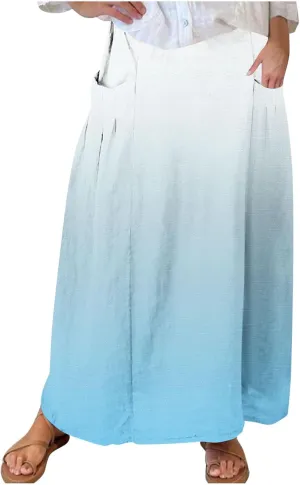 Women's Elastic High Waist Skirts Plus Size Tie-dye Gradient Color Block A-Line Pleated Long Maxi Skirts with Pocket