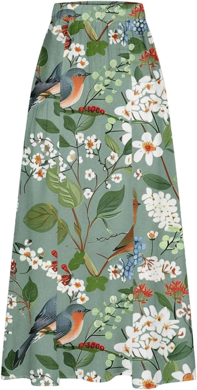 Women's Elastic Waist A Line Swing Flared Pleated Skirts Plus Size Fashion Boho Floral Print Long Skirts with Pocket