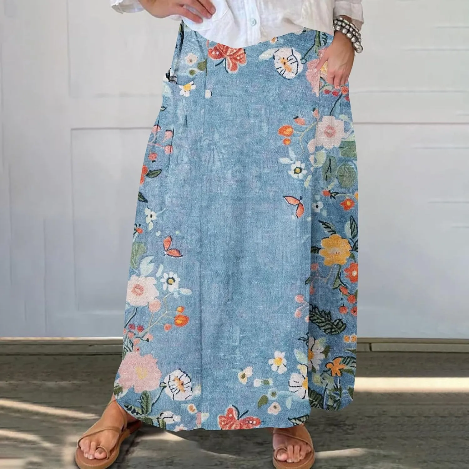 Women's Elastic Waist A Line Swing Flared Pleated Skirts Plus Size Fashion Boho Floral Print Long Skirts with Pocket
