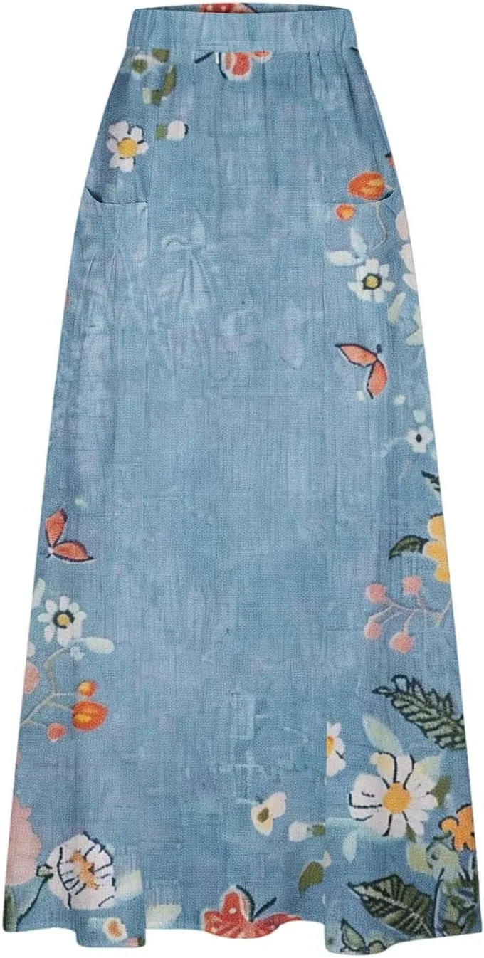 Women's Elastic Waist A Line Swing Flared Pleated Skirts Plus Size Fashion Boho Floral Print Long Skirts with Pocket