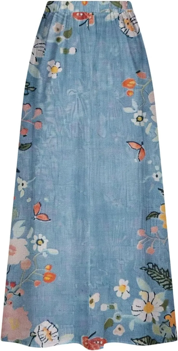 Women's Elastic Waist A Line Swing Flared Pleated Skirts Plus Size Fashion Boho Floral Print Long Skirts with Pocket