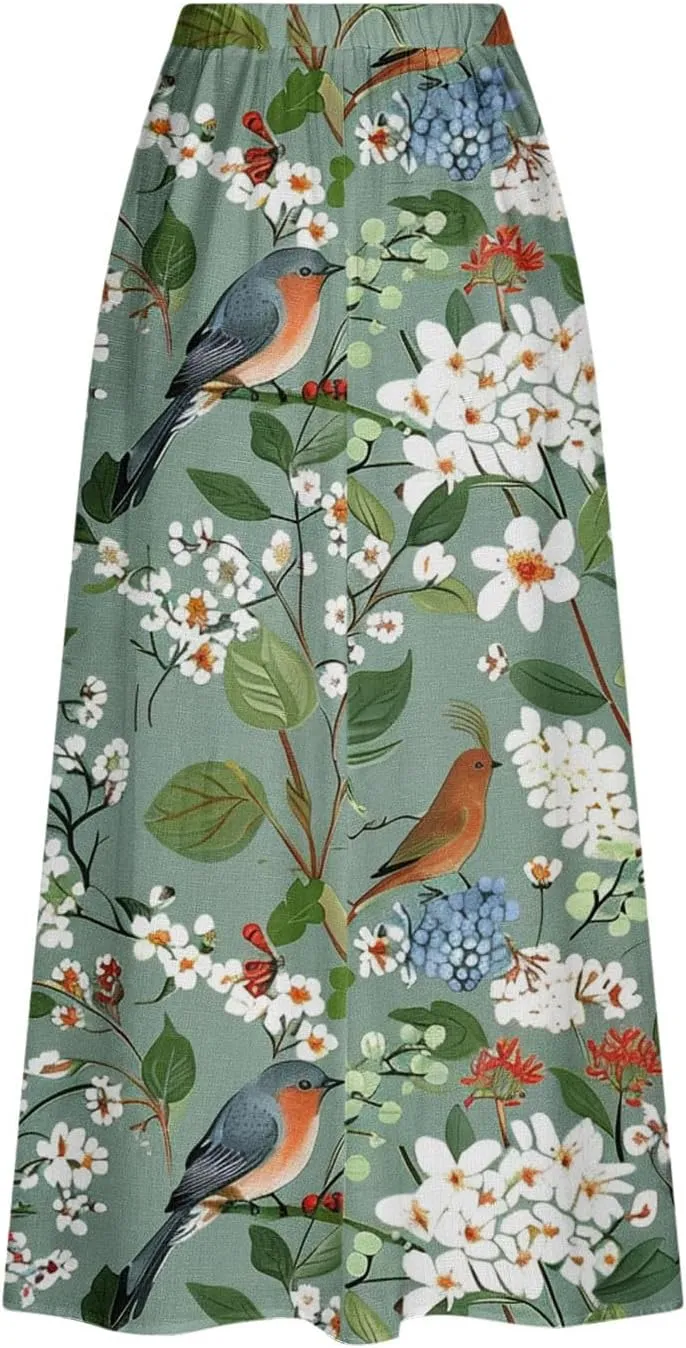 Women's Elastic Waist A Line Swing Flared Pleated Skirts Plus Size Fashion Boho Floral Print Long Skirts with Pocket