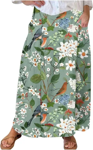 Women's Elastic Waist A Line Swing Flared Pleated Skirts Plus Size Fashion Boho Floral Print Long Skirts with Pocket