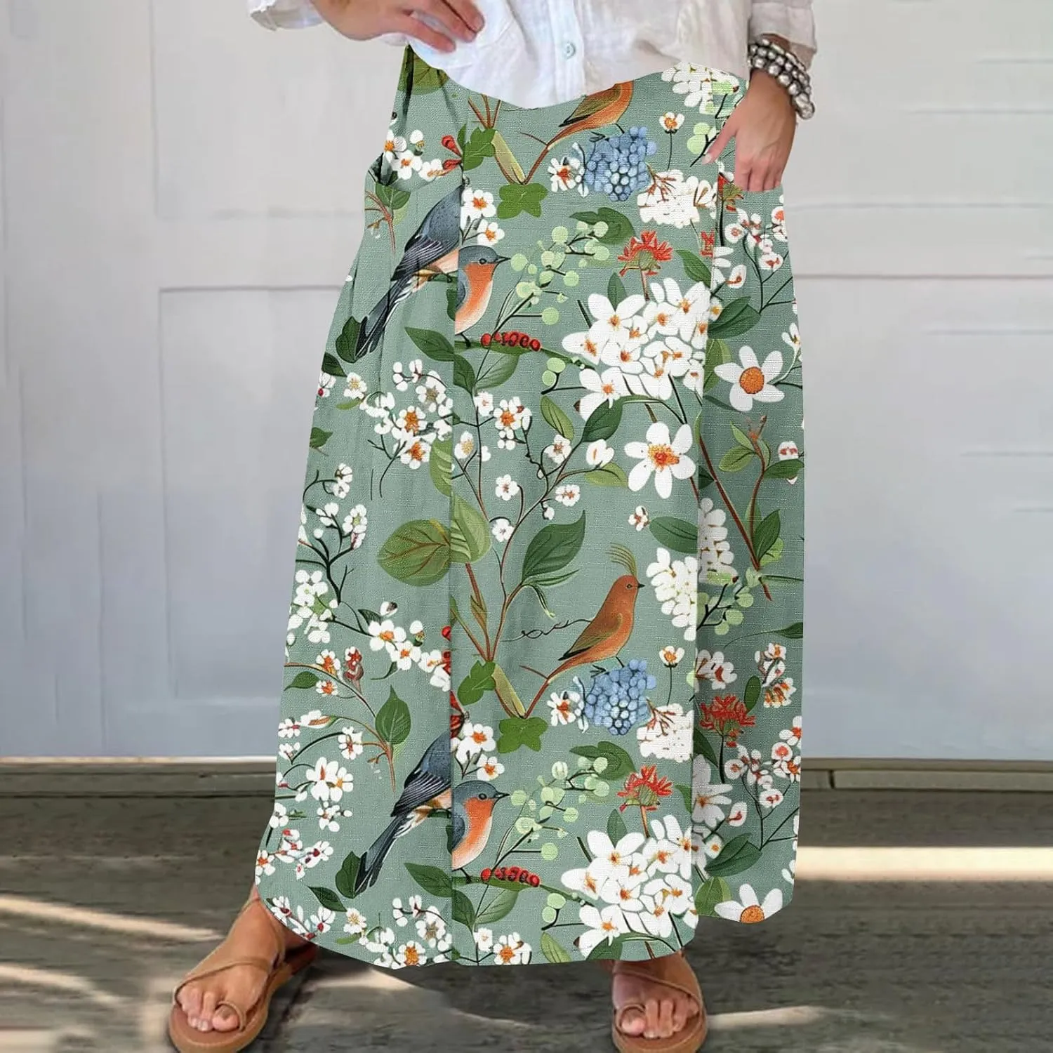 Women's Elastic Waist A Line Swing Flared Pleated Skirts Plus Size Fashion Boho Floral Print Long Skirts with Pocket