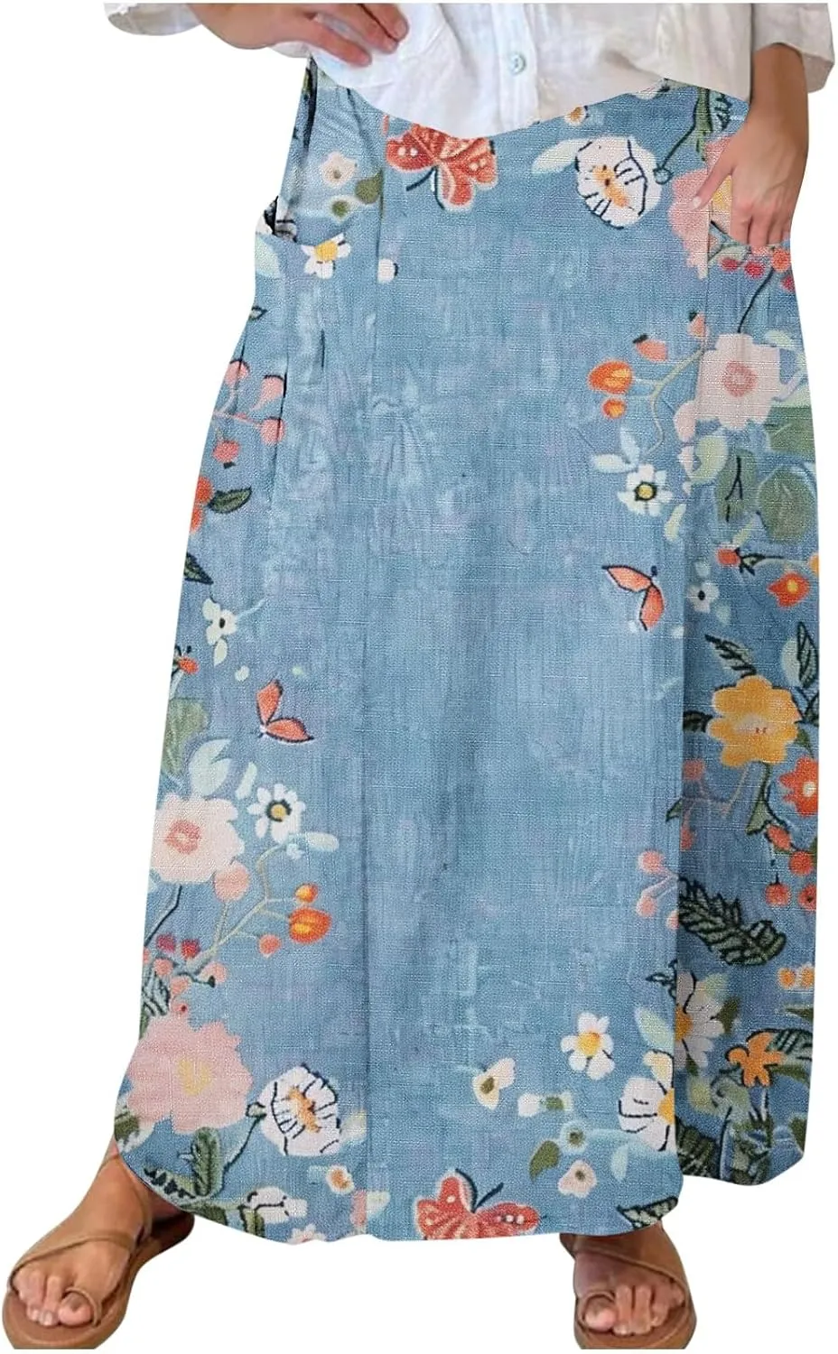 Women's Elastic Waist A Line Swing Flared Pleated Skirts Plus Size Fashion Boho Floral Print Long Skirts with Pocket
