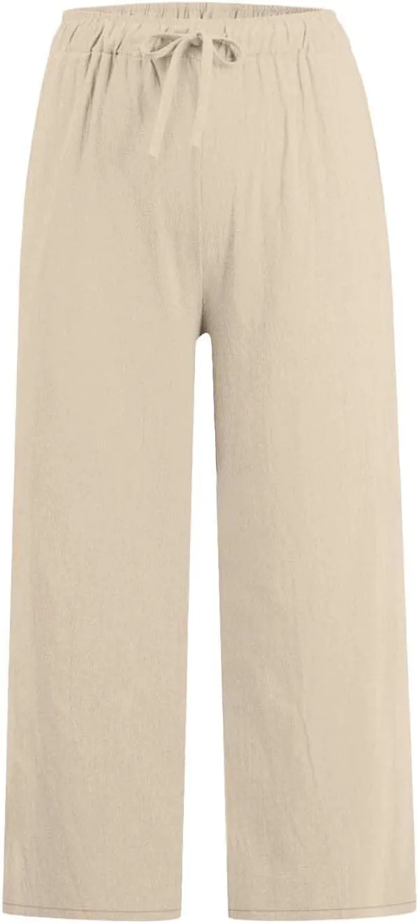 Womens Fashion Cotton Linen Pants Wide Leg Palazzo Causal Flowy Summer Trousers Beach Vacation Clothes Outfits