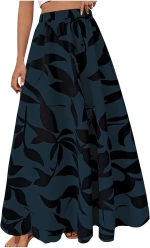 Womens Flowy Swing Skirts Elastic High Waist Pleated A-Line Maxi Skirts Casual Fashion Cute Floral Print Long Skirts