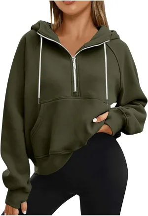 Womens Half Zip Up Hoodies Trendy Cropped Long Sleeve Loose Hooded Pullover Sweatshirt Fall y2k Outfits Clothes