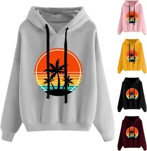 Womens Hawaii Hoodies Oversized Coconut Tree Graphic Sweatshirts Casual Long Sleeve Pullover Cute Printed Tops Graphic