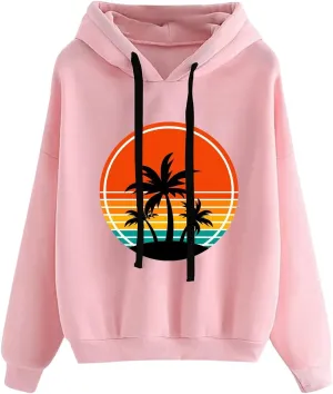 Womens Hawaii Hoodies Oversized Coconut Tree Graphic Sweatshirts Casual Long Sleeve Pullover Cute Printed Tops Graphic