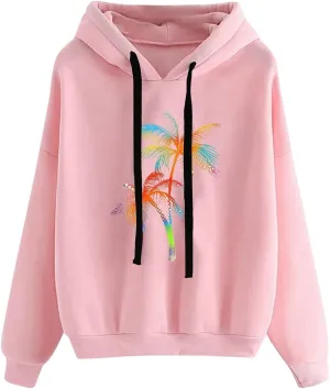Womens Hawaii Hoodies Oversized Coconut Tree Graphic Sweatshirts Casual Long Sleeve Pullover Cute Printed Tops Graphic