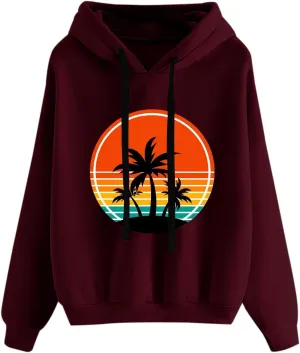 Womens Hawaii Hoodies Oversized Coconut Tree Graphic Sweatshirts Casual Long Sleeve Pullover Cute Printed Tops Graphic