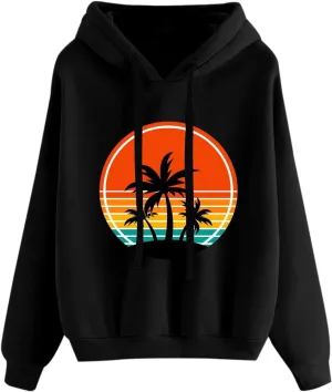 Womens Hawaii Hoodies Oversized Coconut Tree Graphic Sweatshirts Casual Long Sleeve Pullover Cute Printed Tops Graphic