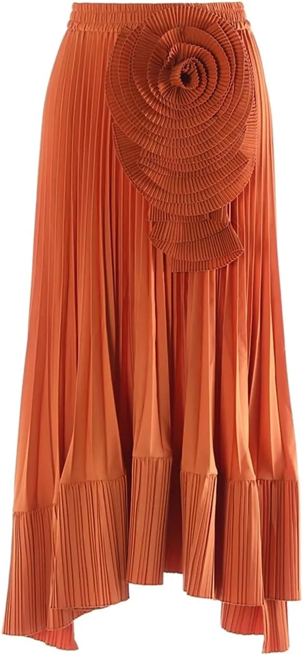 Women's High Waist 3D Flower Embroidery Skirts Solid Pleated Midi Skirts