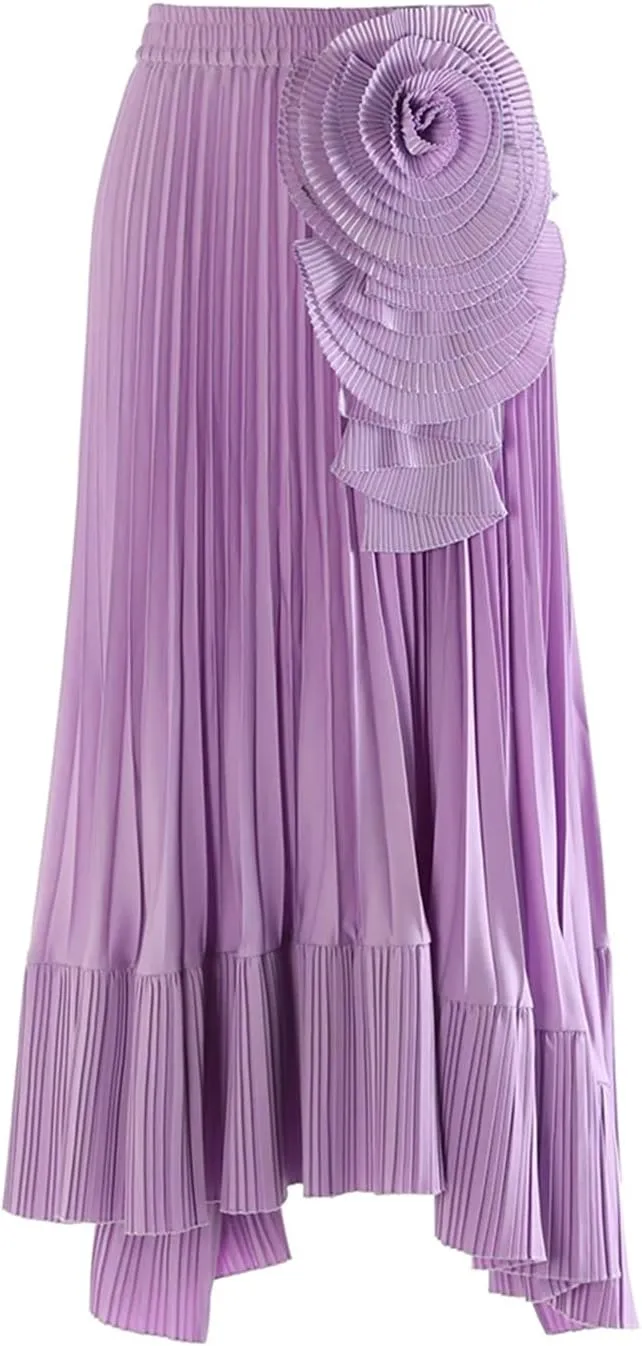 Women's High Waist 3D Flower Embroidery Skirts Solid Pleated Midi Skirts
