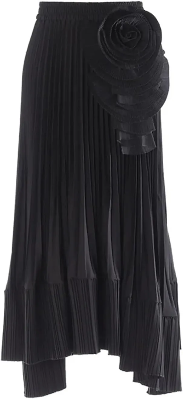 Women's High Waist 3D Flower Embroidery Skirts Solid Pleated Midi Skirts