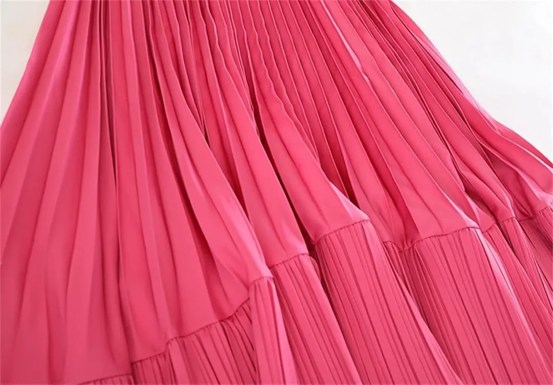 Women's High Waist 3D Flower Embroidery Skirts Solid Pleated Midi Skirts