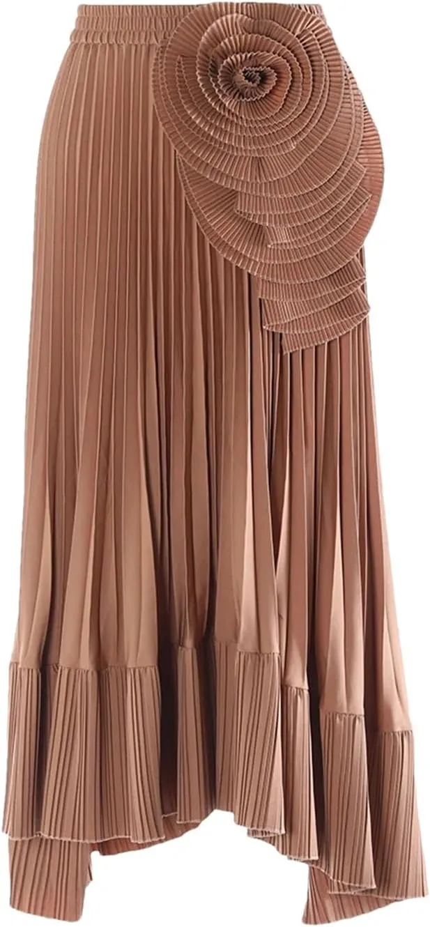 Women's High Waist 3D Flower Embroidery Skirts Solid Pleated Midi Skirts