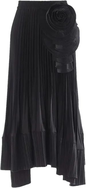 Women's High Waist 3D Flower Embroidery Skirts Solid Pleated Midi Skirts
