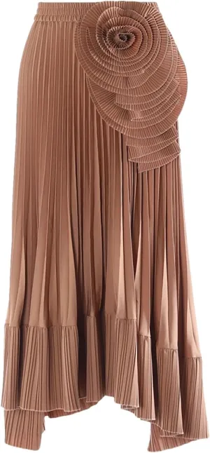 Women's High Waist 3D Flower Embroidery Skirts Solid Pleated Midi Skirts