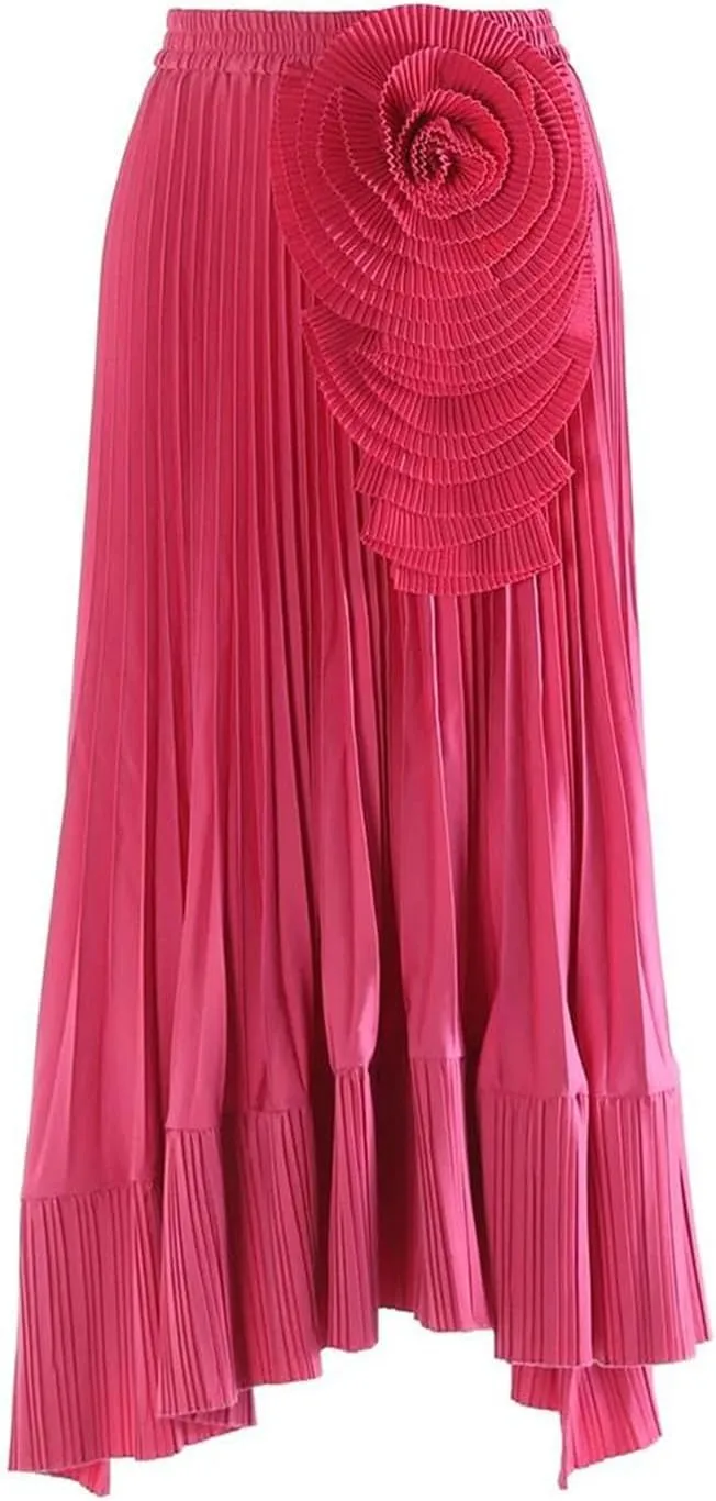 Women's High Waist 3D Flower Embroidery Skirts Solid Pleated Midi Skirts