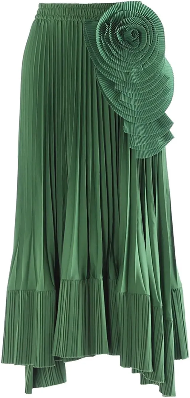 Women's High Waist 3D Flower Embroidery Skirts Solid Pleated Midi Skirts