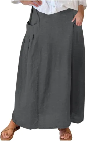 Womens High Waist Maxi Skirts Casual Loose Fit Flowy Swing Pleated A Line Long Skirts Solid Color Skirts with Pocket
